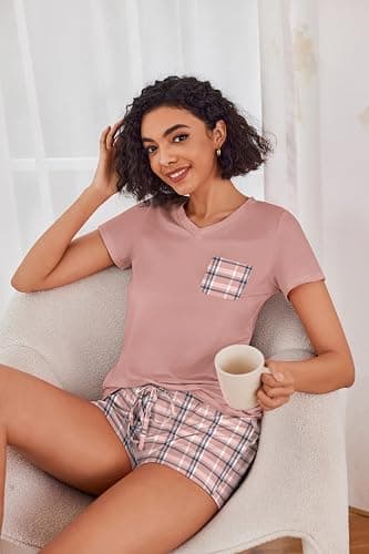 Ekouaer Womens Pajama Sets Short Sleeve Pajamas for Women Sets Soft Lounge Sets Casual V Neck Sleepwear PJS thumbnail 3