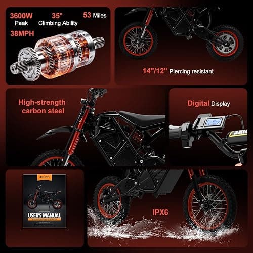 YJOVELA Electric Dirt Bike for Teens Adults, 3600W 3 Speed Mid-Drive Motor E Dirt Bike, 38MPH Off-Road Electric Motorcycle, 48V 23Ah Battery 53 Miles Long Range Dual Hydraulic Nitrogen Shock Absorbers thumbnail 9