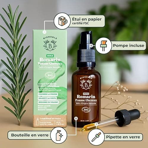 BIONOBLE Huile de Romarin pour Cheveux Bio - Favorise la Pousse et Ralentit la Chute - Huile Romarin Cheveux, Ricin, Argan, Jojoba - Rosemary Oil for Hair Growth - Flacon Verre, Pipette, Pompe - 50ml thumbnail 5