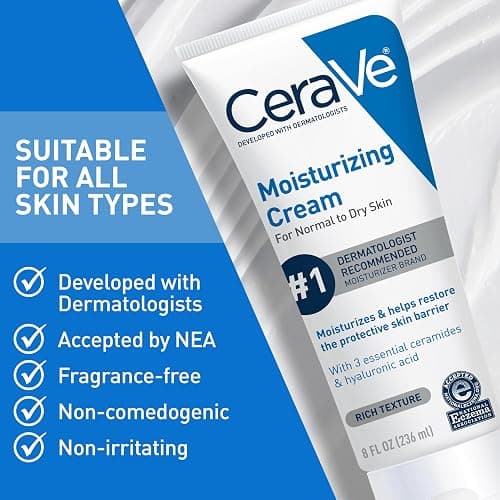 CeraVe Moisturizing Cream, Body and Face Moisturizer for Dry Skin, Body Cream with Hyaluronic Acid and Ceramides, Daily Moisturizer, Oil-Free, Fragrance Free, Non-Comedogenic, 19 Ounce thumbnail 8