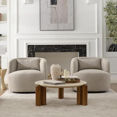 KINWELL 34" Wide Boucle Swivel Barrel Chairs Set of 2, No Assembly Round Upholstered Armchairs Accent Chairs Single Sofa Chair with Toss Pillow for Living Room and Bedroom, Taupe thumbnail 3
