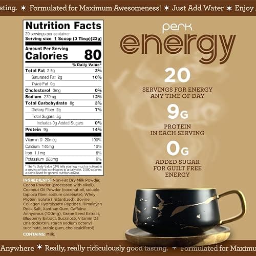 Perk Energy Drink Mix (Dutch Hot Cocoa) 20 Servings - Caffeinated Healthy Coffee Alternative with Protein, 100mg of Caffeine, Gluten-Free, Soy-Free, Peanut-Free thumbnail 2