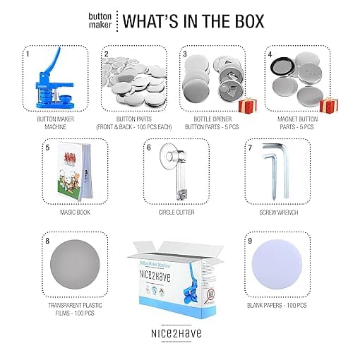 Nice2Have Button Maker Machine 2.25 inch (58mm) - (100 Buttons, 5 Bottle Openers, 5 Fridge Magnets, 500+ Free Designs,Circle Cutter&Magic Book) - Installation-Free Pin Maker Machine - 58mm (Blue) thumbnail 2