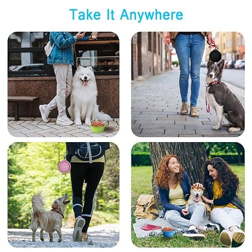 PetBonus 2-Pack Silicone Collapsible Dog Bowls, BPA Free Dishwasher Safe, Portable Foldable Expandable Travel Bowl, Food Water Feeding Cup Dish for Dogs Cats with 2 Carabiners (Turquoise, Tan) thumbnail 5