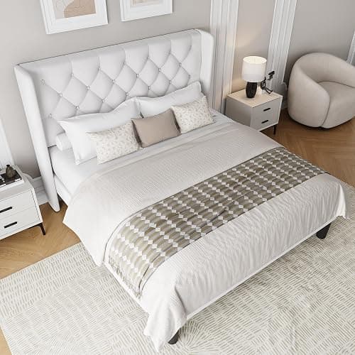 Einhomn Queen Size Upholstered Bed Frame with Wingback Headboard, Fabric Velvet Platform Bed, 8" Under Bed Storage, Wooden and Metal Slats Support, No Box Spring Needed, White thumbnail 9