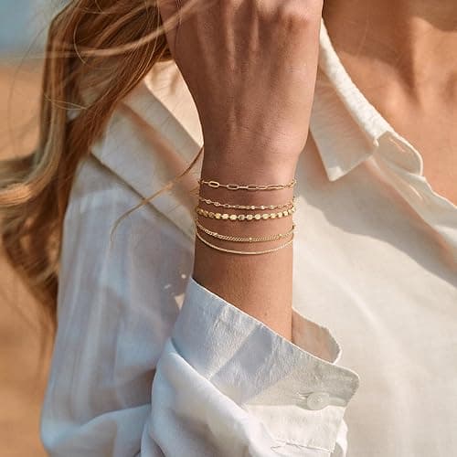 Dochais 5 Stück Armband Damen Gold Set Armband 14K Vergoldet Verstellbar Armbänder Gold Boho Schlange Kubanische Büroklammer Armbänder Schmuck für Damen Frauen Mädchen thumbnail 7