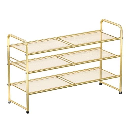 SUFAUY Shoe Rack for Closet, 33 inch Metal Shoe Shelf Heavy Duty, 3 Tier Mesh for Shoes, Gold - Image 1