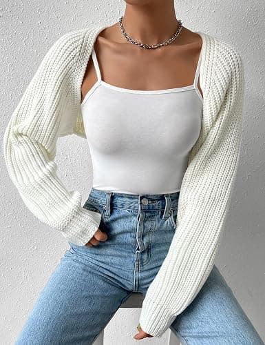 SECRETEYARD Women's Long Sleeve Open Front Knitted Crop Cardigan Drop Shoulder Knit Bolero Shrug Sweater thumbnail 5