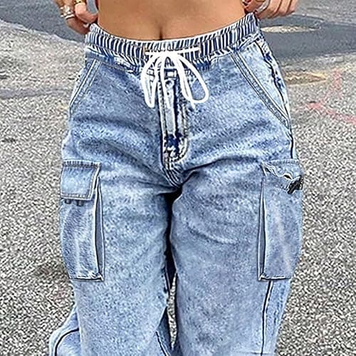 AprPith Mid Rise Cargo Jeans Women Elastic Waist Stretch Wide Leg Denim Pants with Pockets Baggy Streetwear Pants y2k thumbnail 5