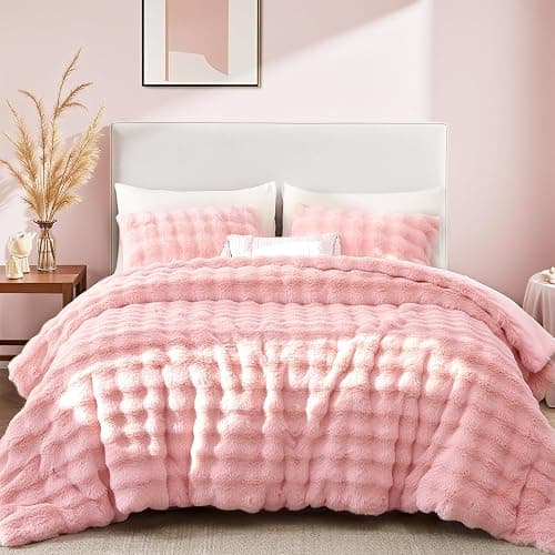 YIKUSH Full Faux Fur Soft Comforter Set, Fluffy Pink Rabbit Fur Comforter | Warm Thick Full Size Bedding Set,Super Fluffy Luxury Pink Comforter for Winter, Easy Care (1 Comforter, 2 Pillowcases) - Image 1