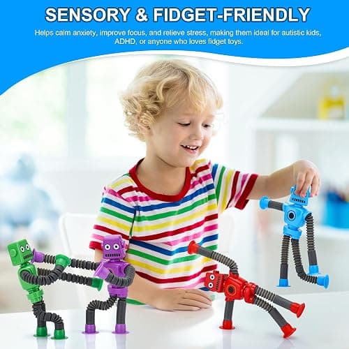 Robot Suction Cup Toys Pop Tubes | 6 PCS-Stretchy Sensory Fidget Toys for Kids Ages 3+ | Perfect for Travel, Party Favors,Autism, Stress Relief Stocking Stuffers thumbnail 3