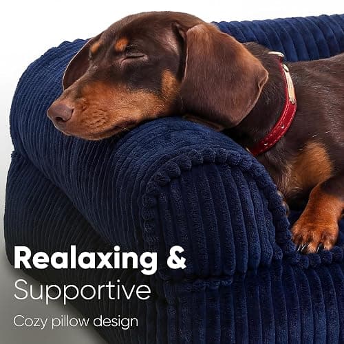 FUKUMARU Dog Couch Bed, Corduroy Cozy Cat Bed for Indoor Cats with Washable Cover, 28in Waterproof Orthopedic Dog Beds Sofa for Small Dogs and Large Cats, Cute Warm Cotton Pet Sofa, Blue thumbnail 2