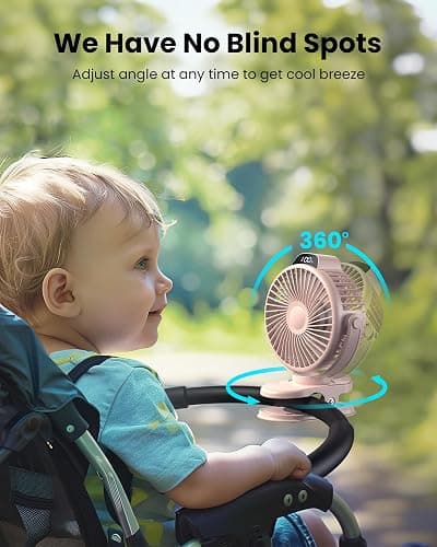 Koonie Portable Clip On Fan, Small USB Battery Operated, 3 Speed Rechargeable Mini Pink With LED Display, 360° Rotate Personal Cooling for Desk Stroller Travel Camping Golf Gym thumbnail 7