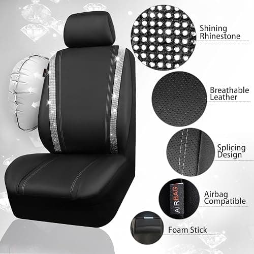 CAR PASS Leather Bling Diamond Car Seat Cover 2 Front Interior Sets, Waterproof Universal Shining Glitter Crystal Sparkle Fit for 95% Automotive Truck SUV Cute Women Girl, Black Silver Rhinestone thumbnail 3
