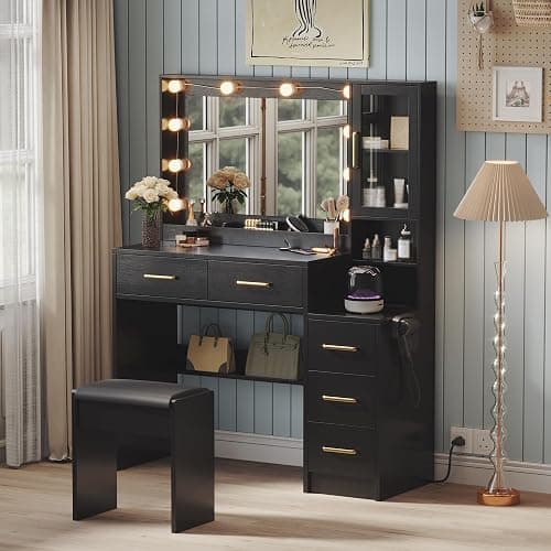 TOKSOM Makeup Vanity with Lights & Charging Station, Black Vanity Table with 5 Drawers & Open Storage Shelves, Bedroom Makeup Dressing Table Set for Women Girls Golden Handles - Image 1