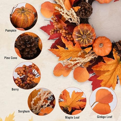 20 Inch Fall Wreaths Decorations Maples Autumn Wreath with Hanger | Leaf Pumpkin Pine Cone Berry For Thanksgiving Harvest Farmhouse Outdoor Indoor Window Wall thumbnail 6