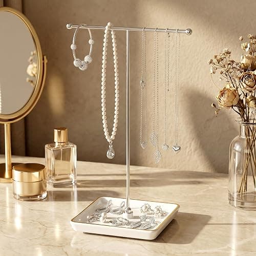 galasily Jewelry Holder Stand with Ceramic Base: 12" Tall Necklace Organizer Rack, Tree Design Display Storage for Necklaces, Bracelets, Rings, Earrings, Aesthetic Vintage Room Décor (Silver) thumbnail 7