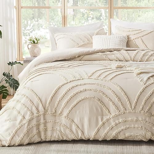 ENJOHOS Full Boho Comforter Set for College Girls - 3 Pieces Beige Tufted Rainbow Comforter, Lightweight Soft Microfiber Bedding with 2 Pillowcase for All Season - Image 1