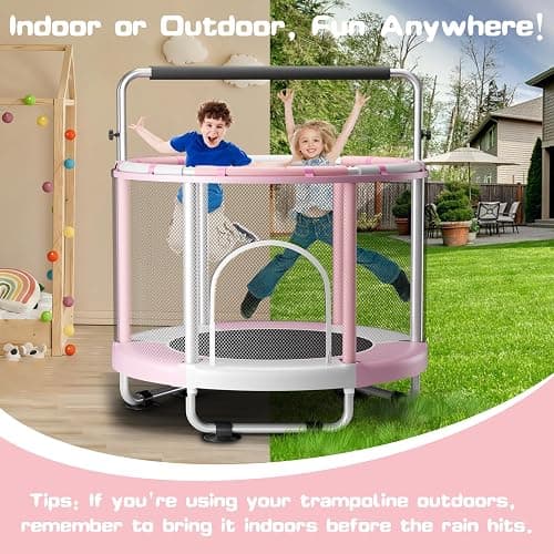 ZCMHAXJ 55" Trampoline for Kids with Enclosure, 440lbs Capacity Indoor & Outdoor Toddler Trampoline with Adjustable Gymnastics Bar & Toys, for Boys & Girls - Pink thumbnail 5