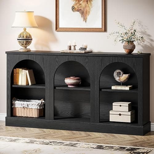 Tribesigns Farmhouse Console Table, 63-Inch Long Entryway Table with 3 Tier Storage, Wooden Rectangular Sofa Table Behind The Couch for Entrance, Hallway, Living Room, Black - Black - Image 1