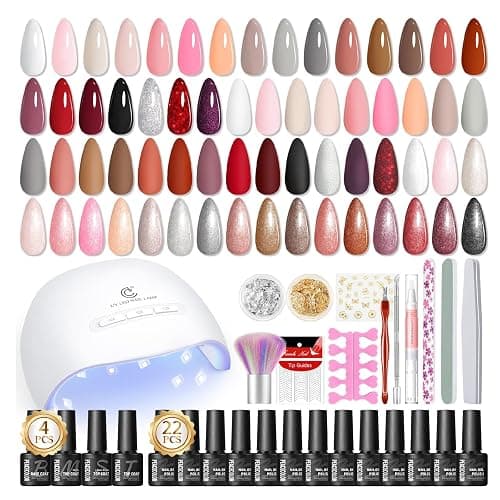 PEACECOLOR 39pc Gel Nail Polish Kit with U V Light, Pink Brown Nude Dark Red 22 Colors Pastel Gel Polish Kit with Base Top Coat Matte Glossy French Nail Art for Beginners Manicure DIY - Image 1