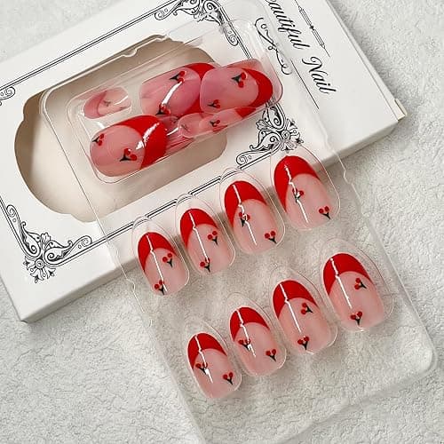 ROFIBUT Red French Tip Press on Nails Almond Short Fake Nails Cute Nude Pink Full Cover Glue on Nails with Red Cherry Glossy Artificial Stick on Nails Reusable Acrylic False Nail for Women Girls 24Pcs thumbnail 5