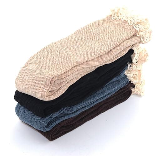 Vpogn 4 Pack Women Cotton Knit Boot Socks Knee High Socks Stockings with Lace Trim (Beige, Dark Grey, Black, Brown) thumbnail 5