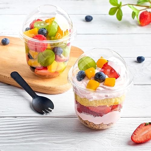 Zezzxu 50 Pack 12 oz Plastic Dessert Cups with Dome Lids (No Hole) and Sporks, Clear Disposable Fruit Cups with Lids for Yogurt Parfait Ice Creams Pudding Cakes thumbnail 2
