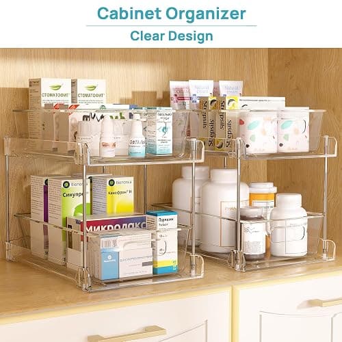 Vtopmart 4 Pack Bathroom Organizer, 2 Tier Clear Under Sink Organizers Vanity Countertop Storage Container,Cabinet Drawers Bins, Pull-Out Organization with Track for Pantry, Kitchen thumbnail 3