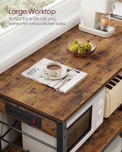 VASAGLE Kitchen Island with Power Strip, Microwave Oven Stand, Kitchen Shelf, Baker's Rack with 3 Open Shelves, 6 Hooks, Metal Frame, 15.7 x 31.5 x 35.4 Inches, Rustic Brown and Black UKKI102KD02S thumbnail 6