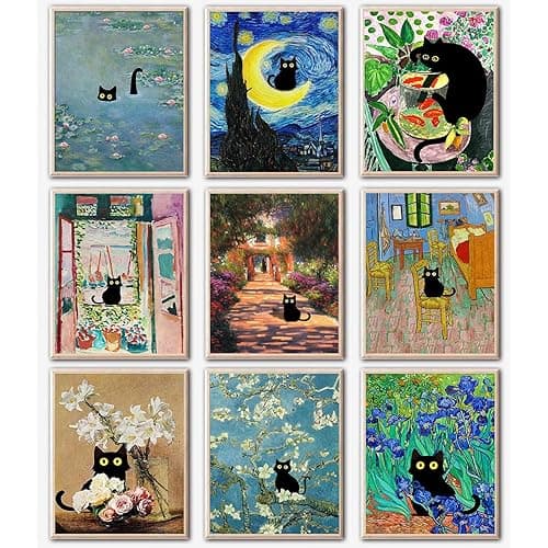 GOUOYANA Diamond Art Kits for Adults and Beginners - 9pcs, 5D Round Diamond Digital Painting Kit, DIY Black Cat Diamond Art Painting, Matisse Van Gogh Living Room Bedroom Decoration (12 x 16 inch) - DP01396