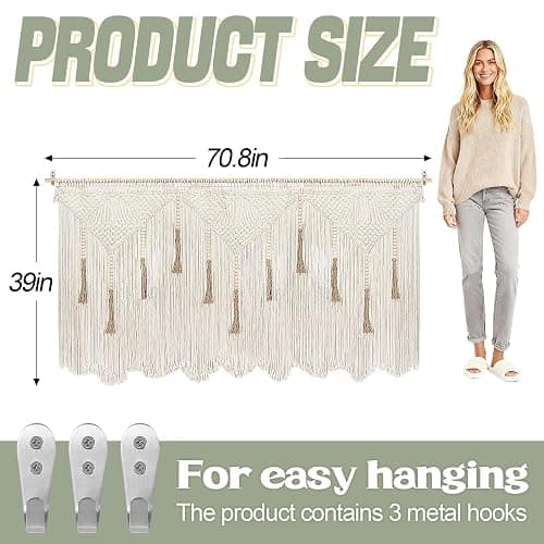 Extra Large Macrame Wall Hanging 70.8" × 39" Boho Tapestry Woven Decor- Cotton Tassel Curtain Beige Chic Bohemian Wall Art for Home Living Room Bedroom Dorm Wedding (Includes Rod) thumbnail 3