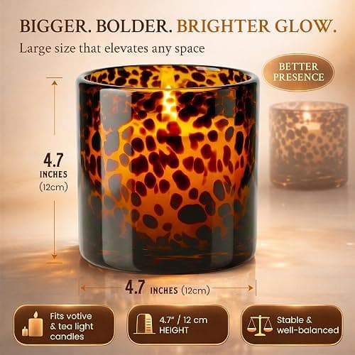 Tortoise Shell Candle Holder | Large Size 4.7" | Cheetah & Leopard Print Candle Holder | Large Amber Glass Votive for Vanity | Animal Pattern Glass Decor | Tea Light, Jar Candle & Vanity Accent thumbnail 3