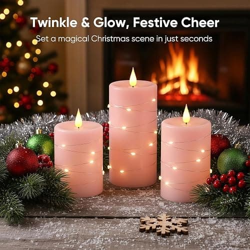 Amagic 3"×4" 5" 6" Flameless Candles with String Lights, Pink 11-Key Remote & Timer Battery Operated Flickering Led Pillar Candles Real Wax for Home, Lantern, Halloween and Christmas Decor, Set of 3 thumbnail 2