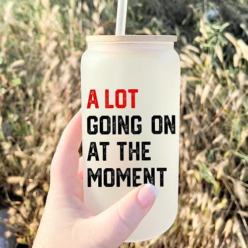 Eddirayla A Lot Going on at the Moment 16oz Glass Cup with Lid and Straws, Merch, Gifts for Fan, Stuff, Merchandise, Items, Things, Iced Coffee Mug, Glass Tumbler, Water Bottle, AL thumbnail 2