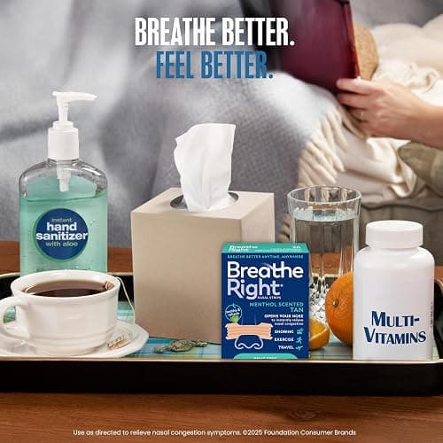Breathe Right Extra Strength Nasal Strips, Menthol Scented, Drug Free, Less Snoring & Better Breathing from Nasal Congestion, Tan, 26 Count thumbnail 6