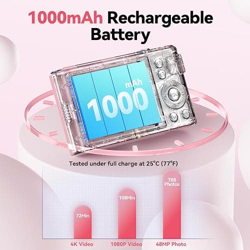 Digital Camera 4K for Kids: 48MP Pink Camera for Teens Photography - Christmas Birthday Gifts for Girls - 16X Zoom Shoot for Vlogging - Compact Camera for 6 7 8 9 10 Years Old- Toys for Toddler thumbnail 5
