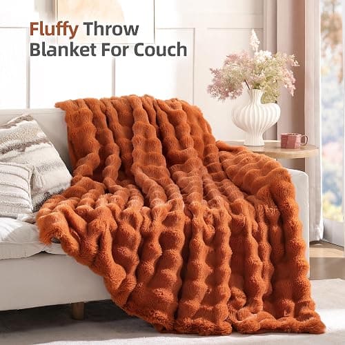 Smoofy Faux Fur Fall Throw Blanket for Couch – Burnt Orange Fluffy Cozy Rabbit Fleece, Plush Soft Bubble Blanket for Sofa & Bed, for Mom, Warm Fuzzy Home Room Decor Throw 60" x 80" thumbnail 3