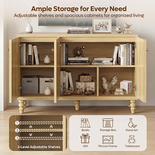 Bestier Modern Fluted TV Stand for 55 inch TVs, Wood Entertainment Center with Storage, Mid Century TV Stand with 3 Fluted Doors, Adjustable Shelves,Media Console Cabinet for Living Room, Natural Oak thumbnail 4