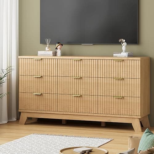 Fluted Dresser for Bedroom with 9 Drawers, 57" Wide Modern Chest of Drawers with Metal Handle, Wooden Dresser TV Stand, Wood Closet Clothes Storage Organizer for Living Room, Hallway, Natural Oak thumbnail 7