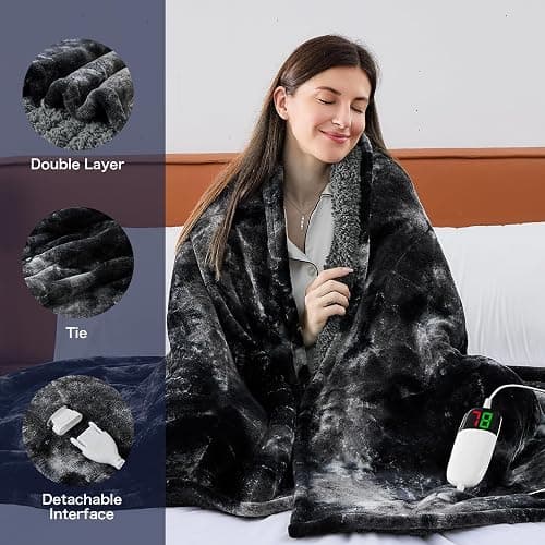 greenoak Heated Electric Blanket Throw, Faux Fur Sherpa Heating Blanket for Sofa Bed, Warm Winter Gifts for Women/Men, Heater Lap Blankets 5-Position Timer &10 Heating Levels 50''*60" Black thumbnail 2