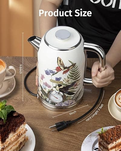 INFOOD Retro Electric Kettle 1.8L/60.8oz with Thermometer - 1200W Fast Boiling Stainless Steel Tea Kettle with Water Level, BPA-Free, Auto Shut-Off, Boil-Dry Protection, Vintage Floral Design thumbnail 2