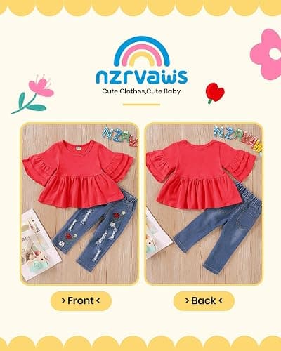 NZRVAWS Baby Girl Clothes Toddler Girl Outfits Infant Ruffle Shirt Denim Ripped Jeans Cute Clothing Set thumbnail 5