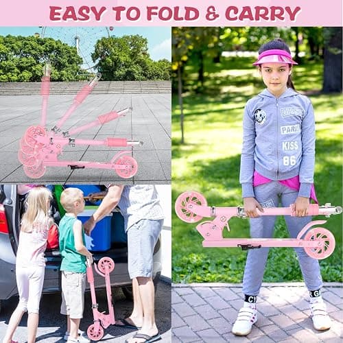 Scooter for Kids Ages 3-12 - Kids Kick Scooters with Led Light Up Wheels & 3 Levels Adjustable Handlebar, Lightweight Foldable 2 Wheel Girly Pink Scooter Christmas Birthday for Girls Boys. thumbnail 5