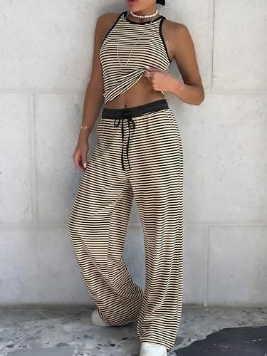EXLURA Womens Cotton Summer 2 Piece Outfits Striped Halter Tops Matching Wide Leg Pant Sets Lounge Tracksuits Vacation Travel thumbnail 6