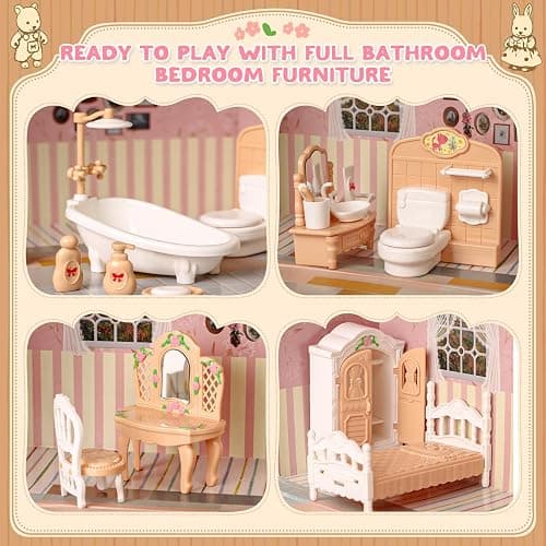 TUZT Suitcase Dollhouse Furniture Set for Kids, Mini Dollhouse Box with 2 Flexible Dolls and Bedroom&Bathroom Furnitures, Pretend Play Accessories Christmas Birthday Gift for Toddlers Ages 3+ thumbnail 4