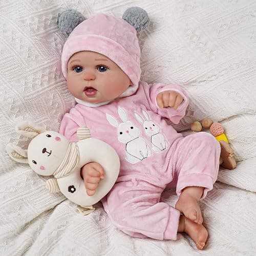 BABESIDE 2 Pcs Reborn Baby Doll Clothes with Hat for 17-22 Inch Baby Dolls | Cute Bunny Pattern Baby Dolls Outfits with Baby Doll Accessories fits Realistic Baby Doll Girls, Pink thumbnail 2