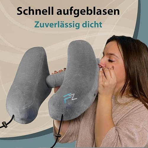 FLOWZOOM AIR Aufblasbares Nackenkissen mit Haube, Grau, L | H-Form, 5 Schlafpositionen, Verstellbare Festigkeit, Waschbarer Bezug, Ohrstöpsel, 260 g leicht thumbnail 8