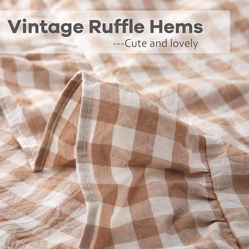 K MASANIJI 2 Pack Taupe White Plaid Ruffle Gingham Throw Pillow Covers, 100% Washed Cotton Checkered Fall Decorative Farmhouse Pillow Shams - 18''x18'' thumbnail 5