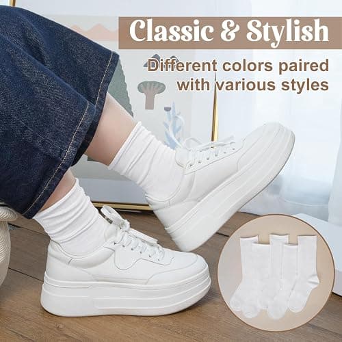 Chalier 5 Pairs Slouchy Socks for Women, Crew Cotton Socks with Cute Roll Top Casual Calf Long Sock thumbnail 2